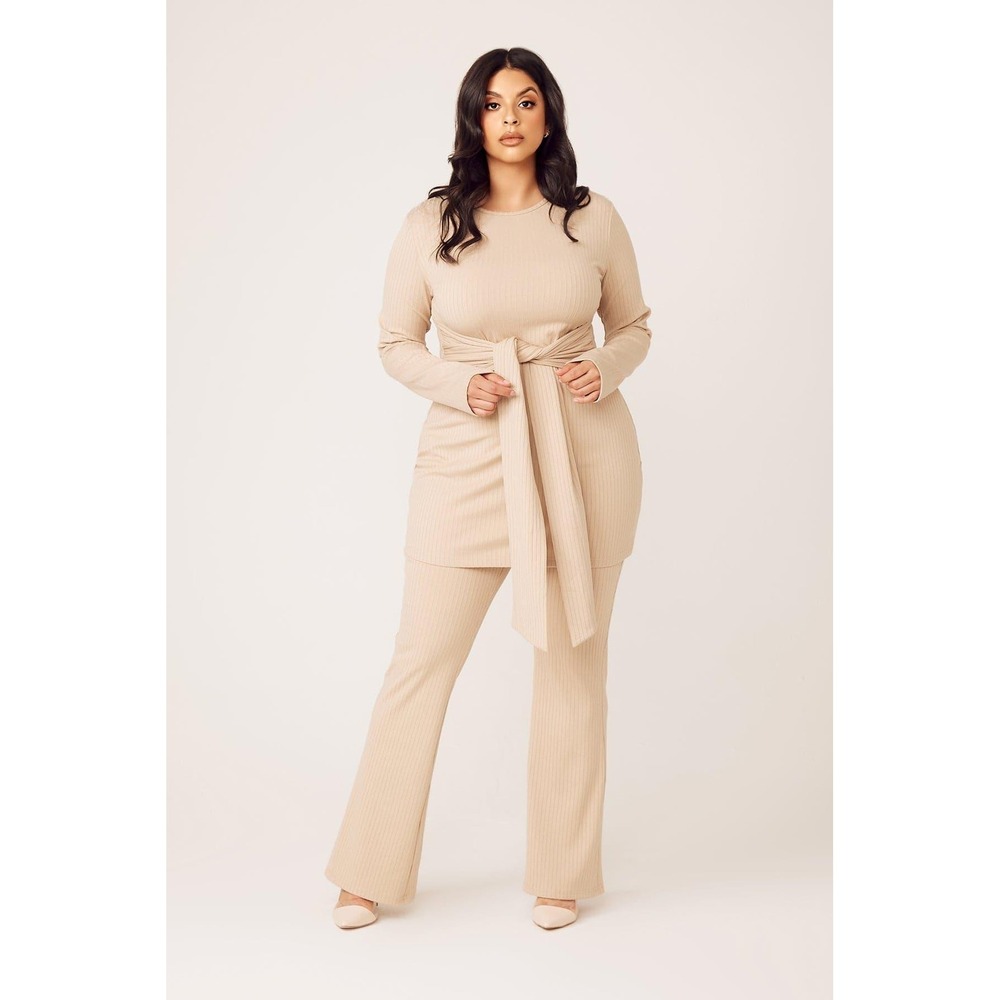 Zahraa The Label Tan Ribbed Knit Tunic and Wide Leg Pant Set 2XL